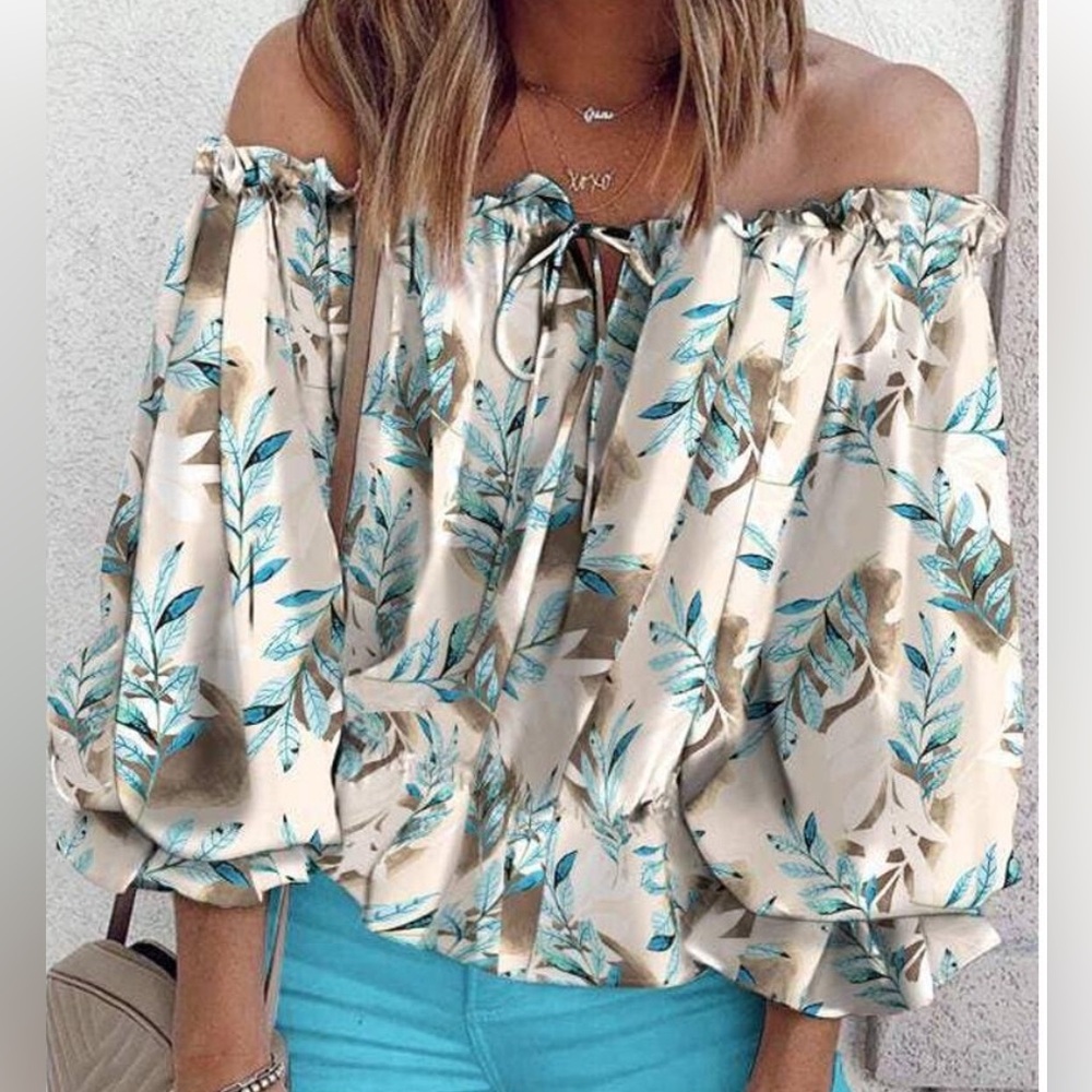 Print lantern sleeve ruffle hem tie front top Blue multi NWOT LARGE
